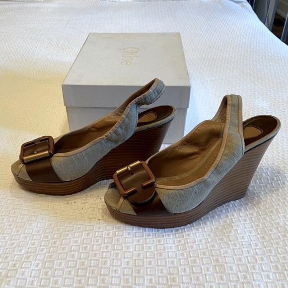 Chloe Linen & Leather Slingback Wedges - Picture 3 of 6